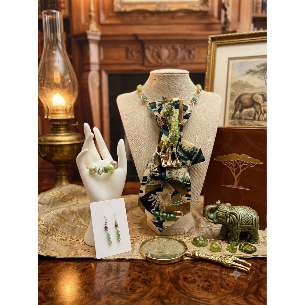 Handcrafted Safari Giraffe Necktie Necklace Set Green Beaded Bracelet & Earrings